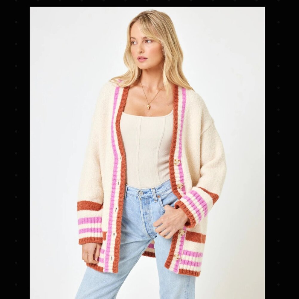l*space Cream Open-Front Cardigan with Pink & Brown Stripe Trim